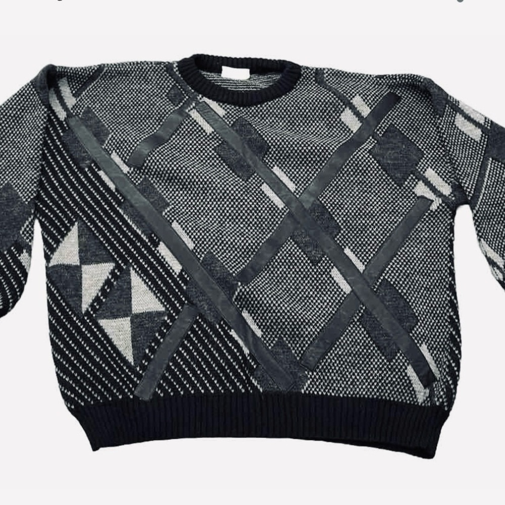 BACHRACH Vintage Knit Sweater Wool Blend Geometric 3D, black and gray. - Picture 2 of 4